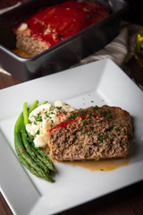 meat loaf with mashed potato and asparagus