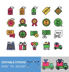 black friday related gift trolley, sale tag, tickets, badges, bill machine, gift box, gift balloons, gift van, and