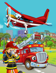 Plakat cartoon scene with fireman vehicle on the road - illustration for children