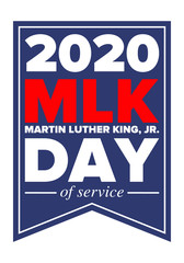 MLK day of service. Honor of Martin Luther King, Jr. Celebrated annual in United States in January, federal holiday. African American Rights Fighter. Patriotic american elements. Vector poster