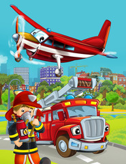 Fototapeta na wymiar cartoon scene with fireman vehicle on the road - illustration for children