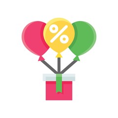 balloons, discount tag and gift boxes vector in flat design