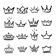 Crown logo graffiti hand drawn icon. Black elements isolated on white background. Hand drawn set of different crown and tiara for princess.Vector illustration.