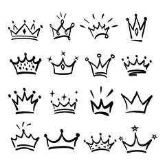 Crown logo graffiti hand drawn icon. Black elements isolated on white background. Hand drawn set of different crown and tiara for princess.Vector illustration. - 310722106