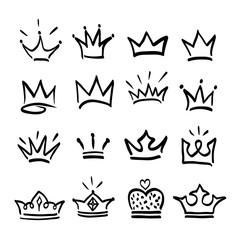 Crown logo graffiti hand drawn icon. Black elements isolated on white background. Hand drawn set of different crown and tiara for princess.Vector illustration.