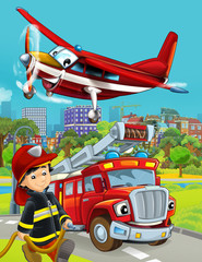 cartoon scene with fireman vehicle on the road - illustration for children