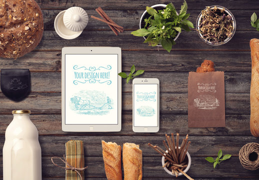 Organic Food Mockup Tablet and Phone on Wooden Background