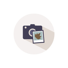 Camera and photo with autumn leaf. Icon with shadow on a beige circle. Fall vector illustration