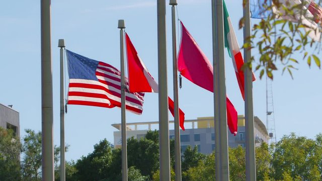 A backlit American flag, Canadian flag, Chinese flag, Irish flag, and French flag blowing in the wind with a building in the background.