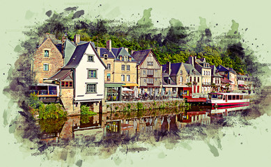 Painting styling - View of the historic town of Dinan with Rance river, Cotes-d'Armor department, Bretagne, northwestern France.