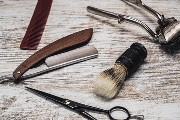 vintage barber tools dangerous razor hairdressing scissors old manual clipper comb shaving brush
