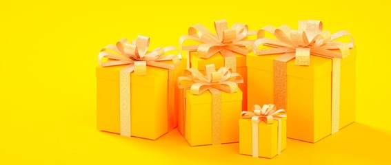 Christmas, new year, birthday yellow golden present boxes 3d rendering illustration