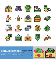 black friday related wallet, dollar, debit card, men shoe, women shoe, lipstick, and shirt vector with editable stroke