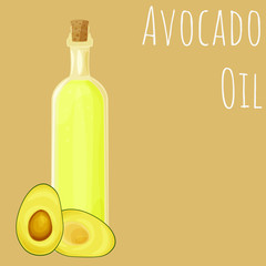 Avocado oil bottle vector illustration, isolated on colored background, cartoon style oil type clip-art.