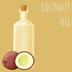 Coconut oil bottle vector illustration, isolated on colored background, cartoon style oil type clip-art.