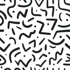 Abstract ethnic seamless pattern with zig zags, rounded arc lines and dots. Retro Memphis style background. Doodle pattern hand drawn pen, ink. Vector illustration surface design for wrapping, textile