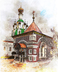 Watercolor styling - Belfry and Spasskaya Church in Vvedensky Tolga convent. Orthodox womens monastery in Yaroslavl on the Volga left Bank. Golden Ring, Russia