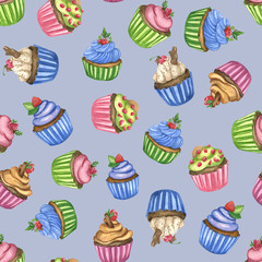 Watercolor cupcakes pattern. Seamless pattern with hand drawn cupcakes on blue background. Sweet food background. Backdrop for menu, bakery, invitation. 