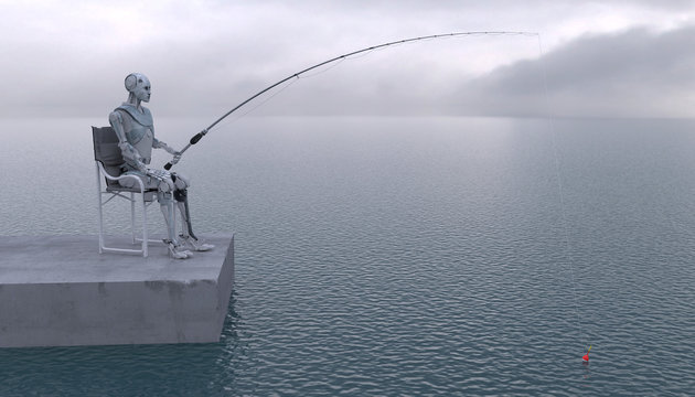 The robot is fishing with a fishing rod at sea. Future concept with robotics and artificial intelligence. 3D rendering.