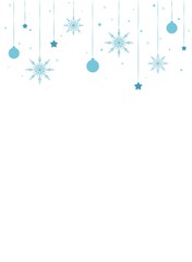 Fototapeta premium White winter Christmas vertical background with blue border of snowflakes, stars, toys and ribbons.