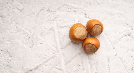 Inshell hazelnut. Nuts on the white concrete background. Food for man's and women health. Raw foods for vegetarians and vegans.