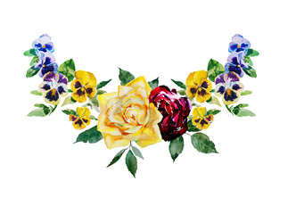 Fototapeta premium Pansy and roses watercolor curved garland with leaves and blossoming flowers blue, yellow and dark red color