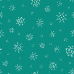 Hand drawn white snowflakes on turquoise background. winter Christmas seamless pattern. New Year backdrop.