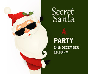 Secret Santa Claus invitation background standing behind a blank sign, showing on big blank sign. Cartoon Santa Claus character holding a placard with white copy space. Santa clause.