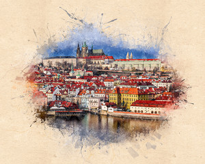 Ink styling -  Beautiful view on old town Prague from Bridge Tower