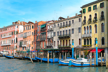 Grand canal in Venice, Italy showing great architecture, water, city, sea boat. Shot at bright summer day. Tourist destination.