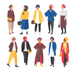Hijab Muslim Woman set. Covered arab islamic fashion. Vector people.