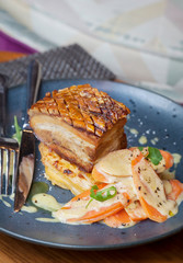 Roasted pork belly meat served in a restaurant