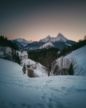 Fantastic evening and morning winter landscape. Colorful overcast sky. 