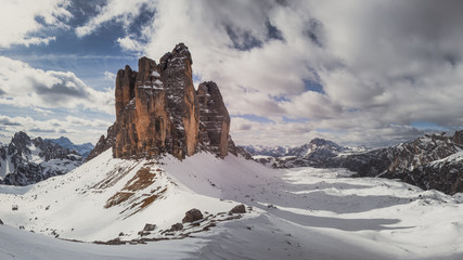 Beautiful Dolomites peaks panoramic view. Photography of Italian rocky landscape