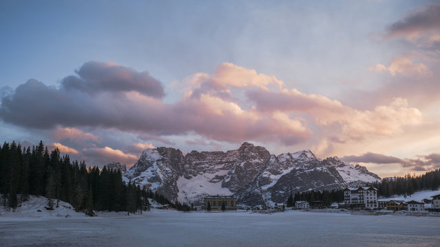 Colorful winter mountain scene in the Dolomites mountains, Italy.