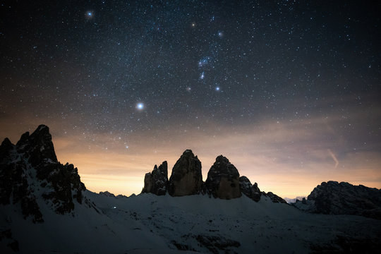 Sky full of stars over Tre Cime di Lavaredo (Drei Zinnen) sunset sunrise, Dolomite in Italy.