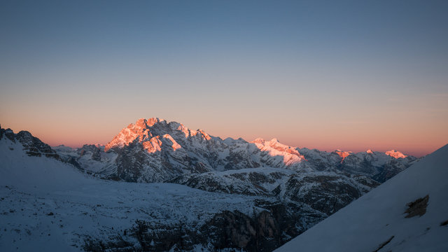 View of winter mountain sunrise in the Alps.  Mountain wide background. 