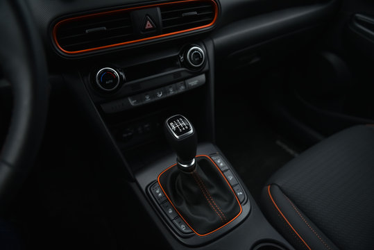 interior of a car. manual gearbox shifter.