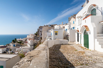 The historic center of Peschici with its typical white houses overlooking the sea, Gargano, Puglia.