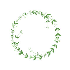 Beautiful round frame with green foliage. Neat border in a minimalist style. Vector logo element. A wreath with contour leaves and solid. Design template for invitations, greetings, logo.