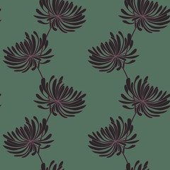 Chrysanthemum floral hand drawn seamless pattern. Dark flowers on deep green background. Good for fabric, textile, wrapping paper, wallpaper, kitchen design, packaging, paper, print, etc. 