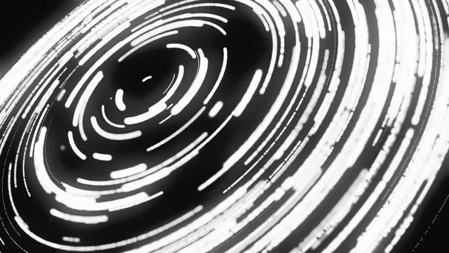 Abstract animation of monochrome white spirals rotating in the circle on the black background. Animation. Bright vibrant animation.