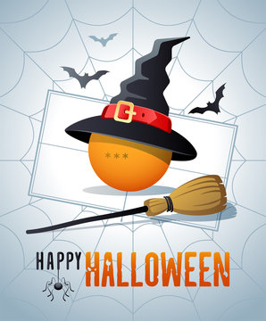 Happy Halloween. Sports greeting card. Ping Pong ball with witches hat and broom on the background of the tennis table as a spiders web. Vector illustration.