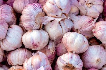 top view fresh violet and pink garlic in supermarket, organic vegetables pattern and agricultural...