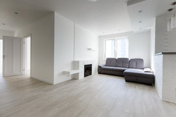 living room with fireplace after renovation