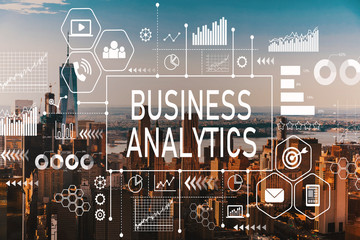 Business Analytics with aerial view of Manhattan, NY skyline