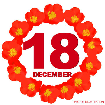 December18 icon. For planning important day. Banner for holidays and special days with flowers. Eighteenth of December icon. Illustration.