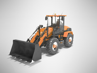 Obraz na płótnie Canvas Orange large road frontal loader for road works 3D rendering on gray background with shadow