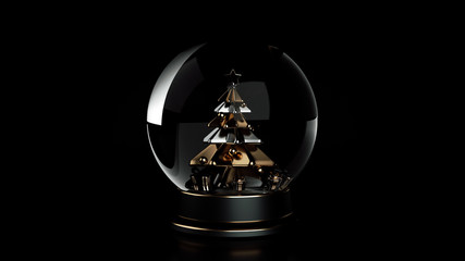 Glass Snow Globe With Christmas Tree Inside. Black And Golden New Year And Christmas Holiday Gift, Souvenir - 3D Illustration