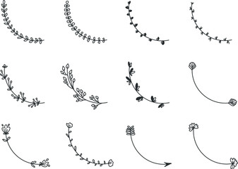 Hand drawn set of line frames on a white background. Sketch elements of floral and herbs ornaments for banner design. Line border collection. Arrows. Isolated separators. Vintage border. 
